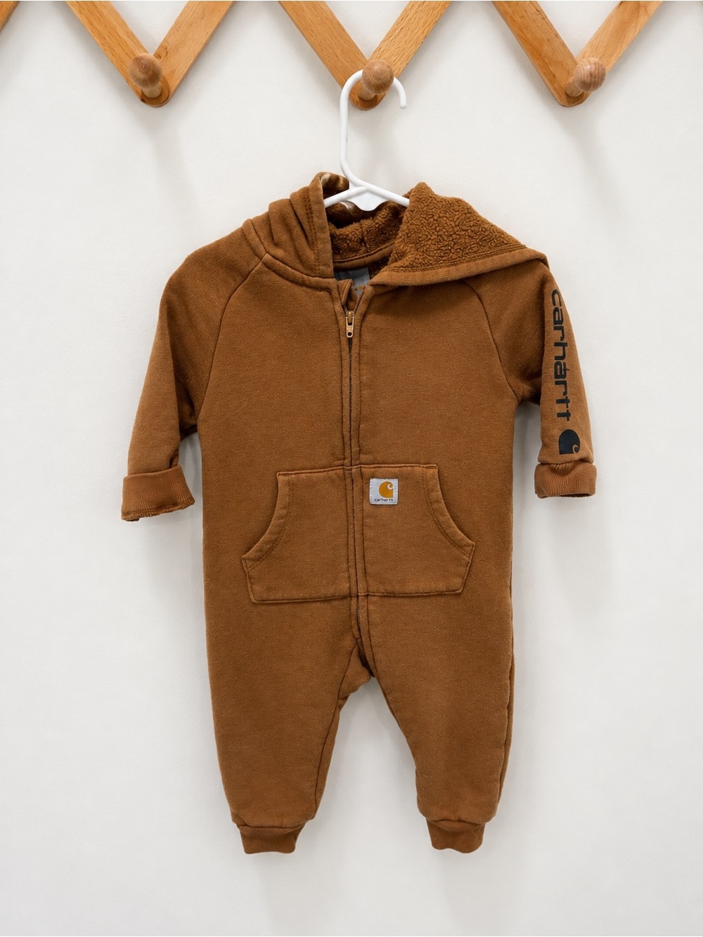 Carhartt Brown Sherpa-Lined Hooded Baby One-Piece